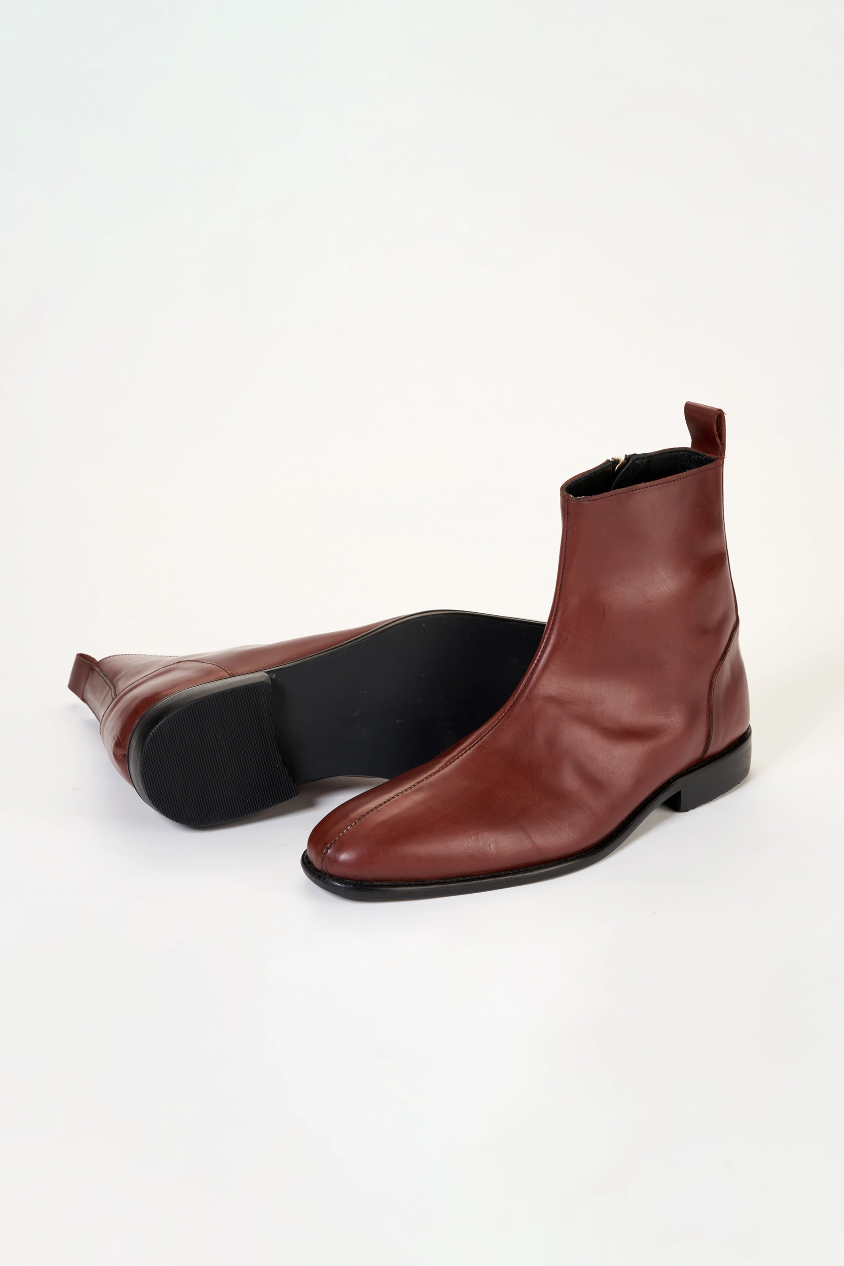 Ajadi Boots in Brown Leather with Side Zipper and Black Leather Soles Barefoot Combat Boots