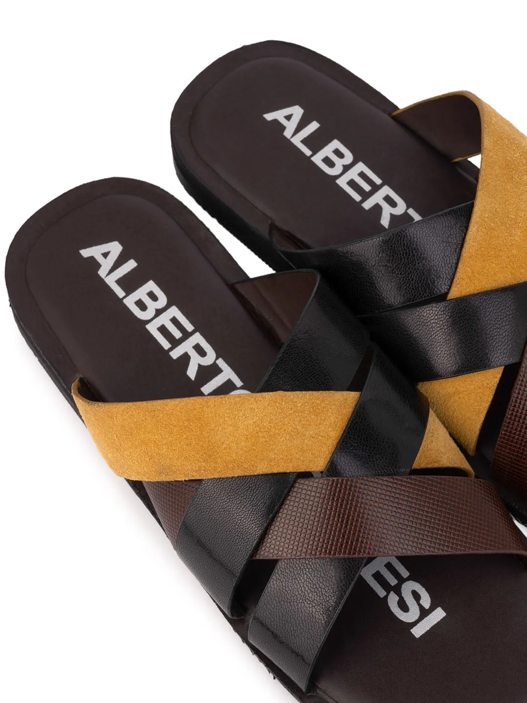 Alberto Torresi 271 Trendy Non Stitched Strap  Black Leather Men Slippers Sheep Lined Slippers