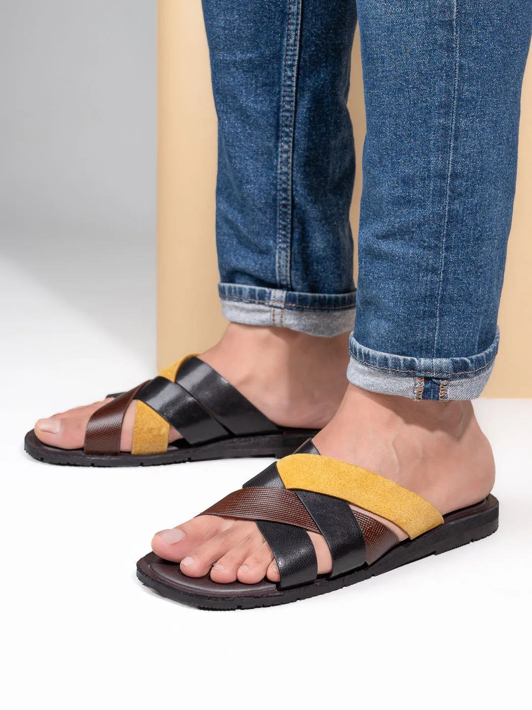 Alberto Torresi 271 Trendy Non Stitched Strap  Black Leather Men Slippers Flora Slides