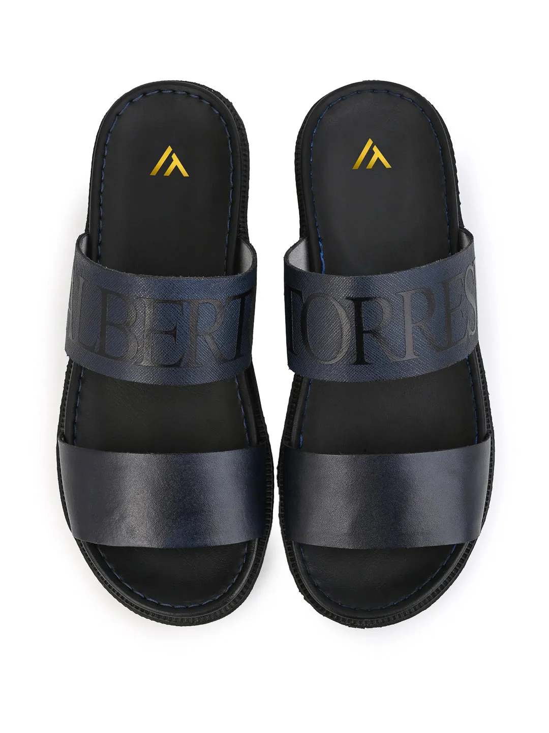 Crochet Easy Slippers Alberto Torresi PVC Printed Branding Textured Blue Leather Men Slippers