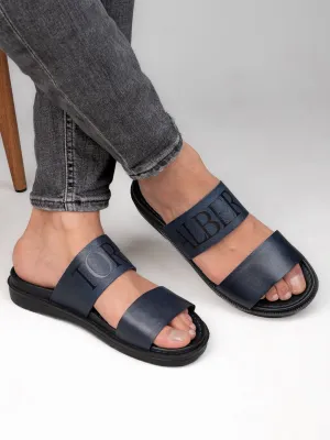 Alberto Torresi PVC Printed Branding Textured Blue Leather Men Slippers Lounge Slippers