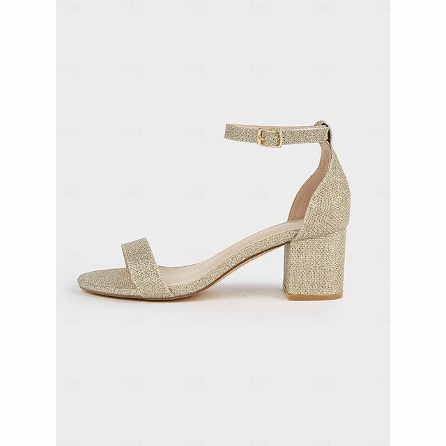 Gold Glitter Block Stylish Ankle Women's Heel Sandals with