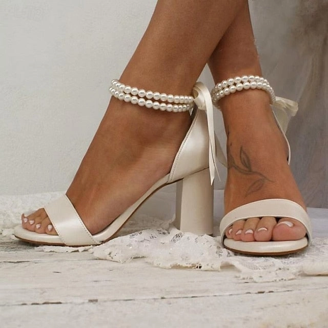 Anklet Pearl - White Block with Wedding Sandals Satin and Heels Women's New Balance Suede