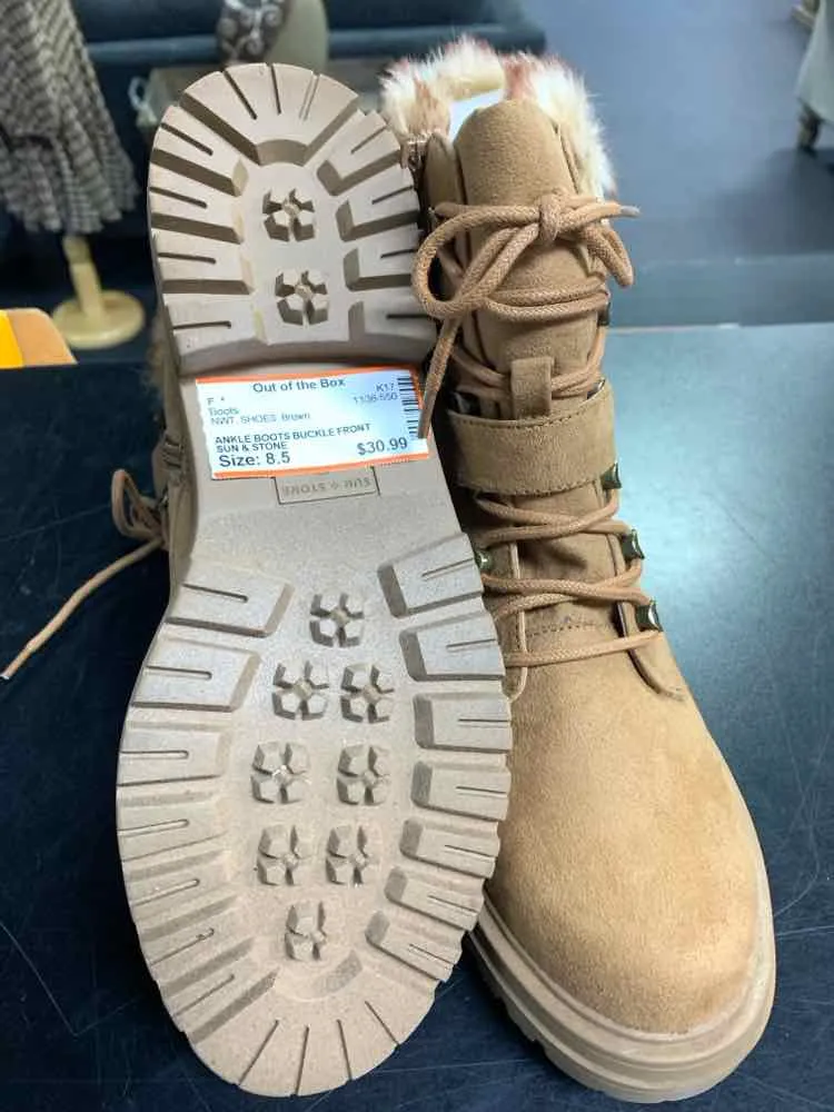 Slip Resistant Boots NWT SUN & STONE SHOES Shoe Size 8.5 Brown ANKLE BOOTS BUCKLE FRONT ORLENAAF FUR