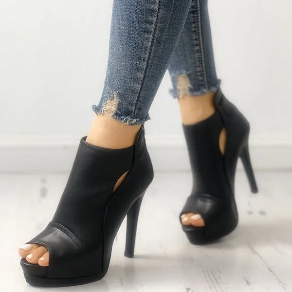 Black Peep Toe Cutout Thin Women PU Leather Stiletto Shoes Casual Heeled Platform Sandals Fashion Design Summer High Heel Shoes Women's Ankle Boots Grand Court Lace-up Shoes