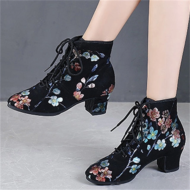 Black Comfortable for Lace-up Women Shoes  Floral Dance Low