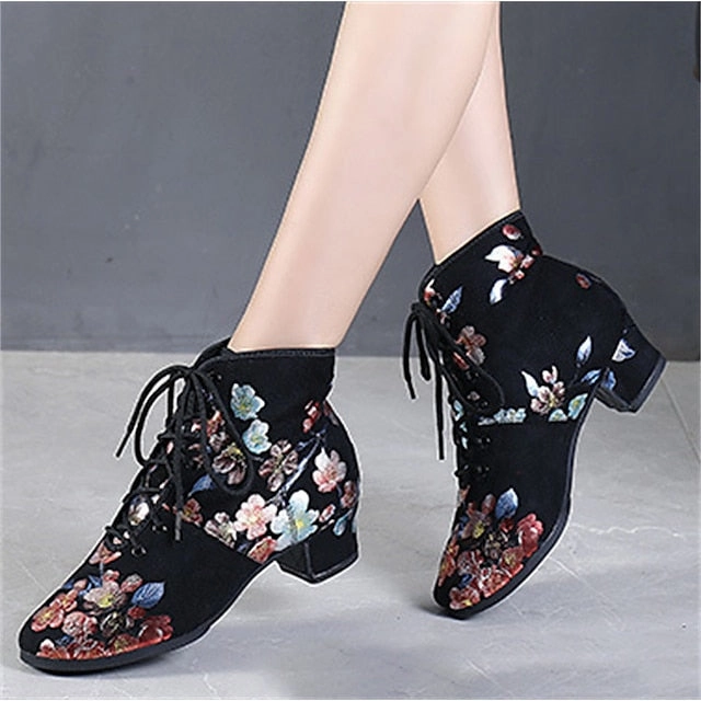 Black Comfortable for Lace-up Women Shoes  Floral Dance Low