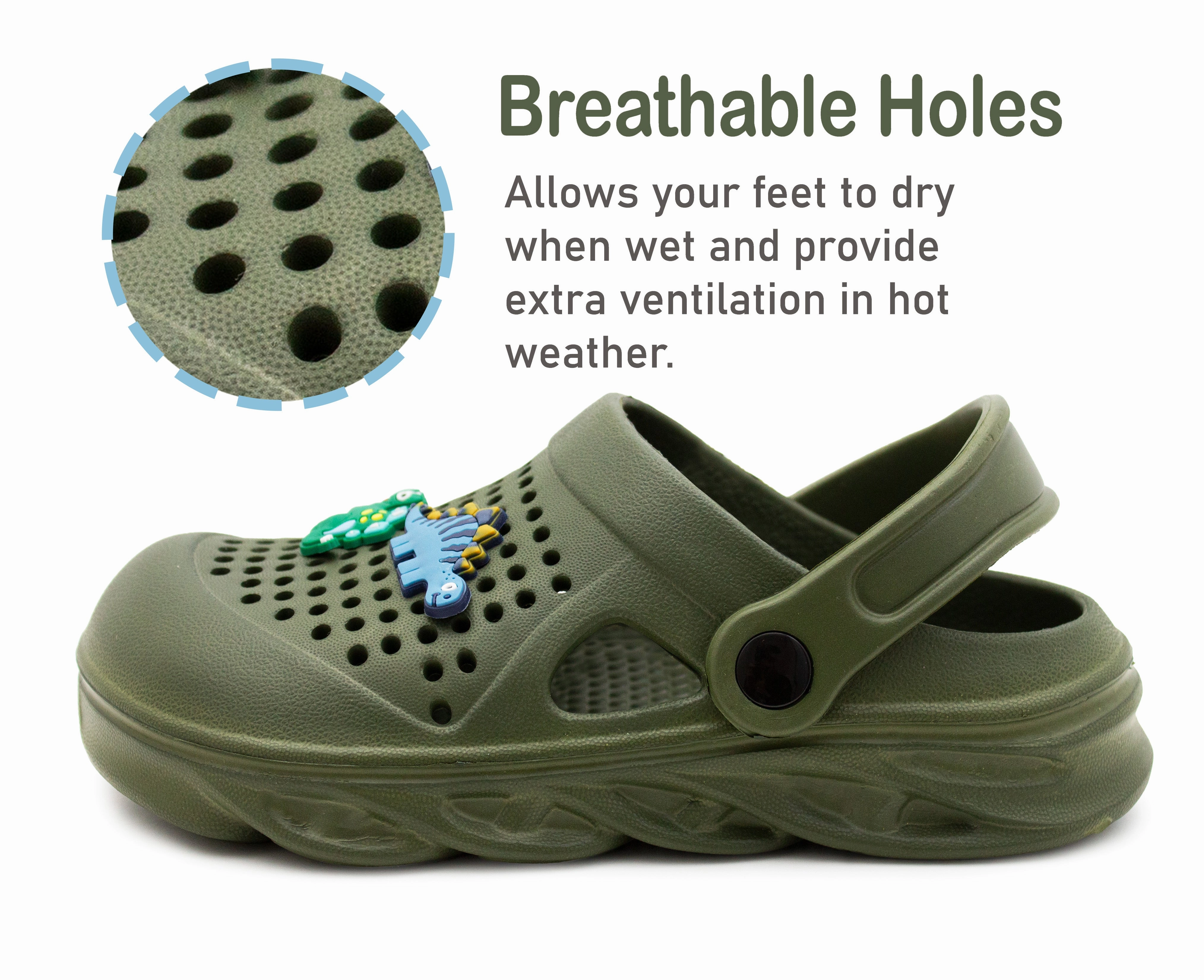 Boys Clogs Kids Lightweight EVA Adjustable Strap Sandals Breathable Slip On Green Khaki Dinosaur Beach Garden Clog Slipper Pool Leisure Water Shoe Slip On Leather Boots