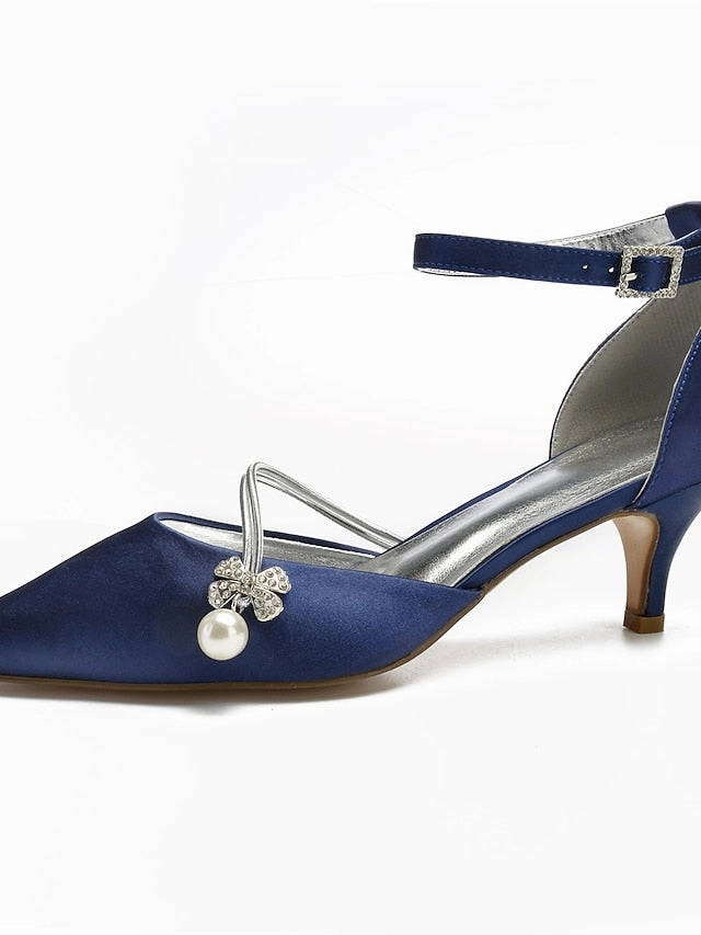 Women's Heels Pearl with Dark and Blue Kitten Satin