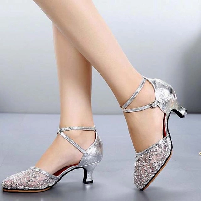 Shoes  Dance Low Mesh Lace Latin Heel Silver Women's