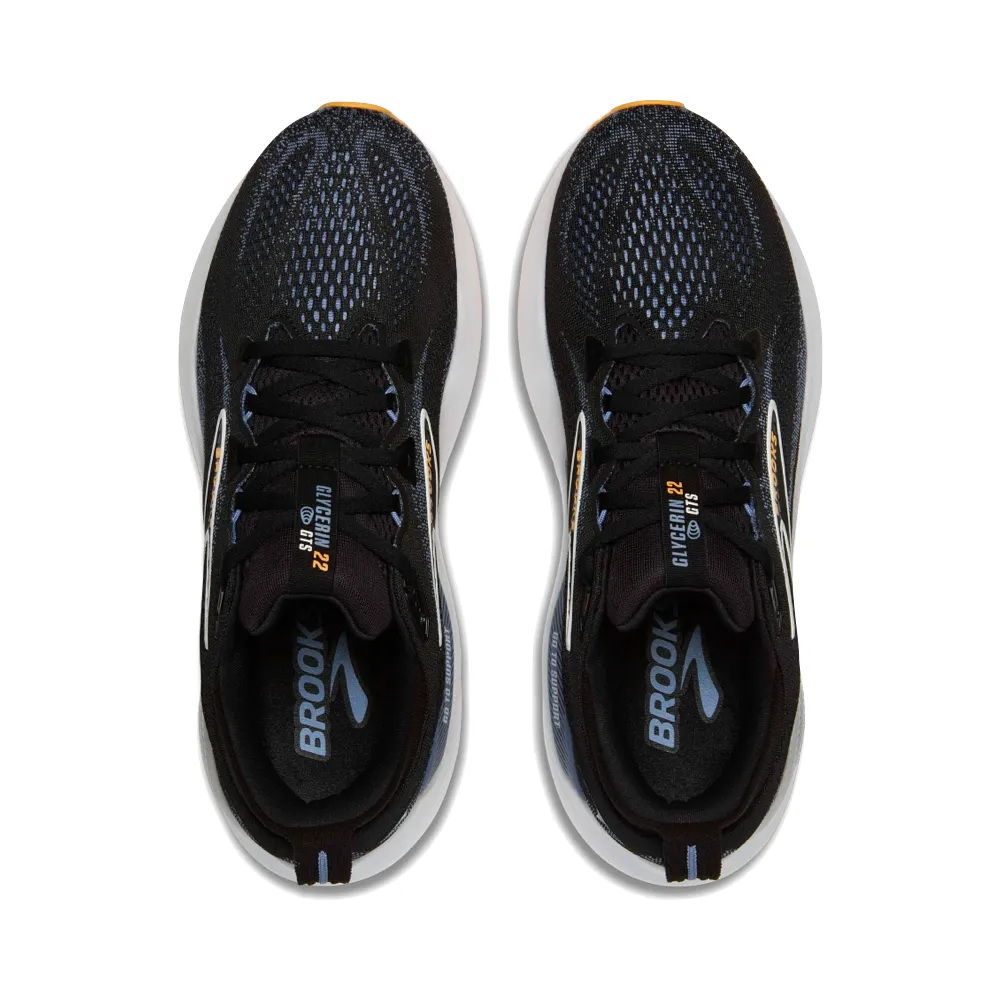Mesh Derby Shoes Brooks Men's Glycerin GTS 22 Sneaker in Black/Country Blue/Orange Pop