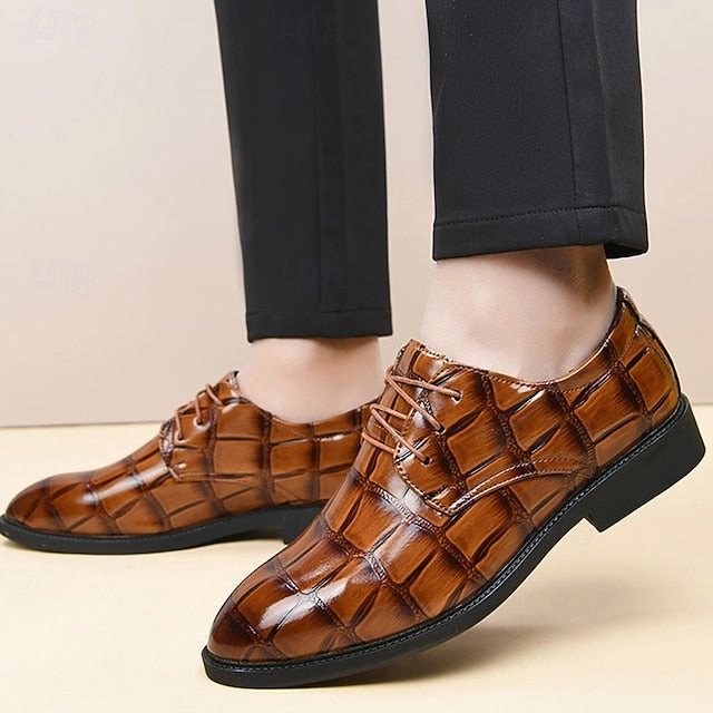 Brown Men's Dress Crocodile-Pattern Leather Shoes