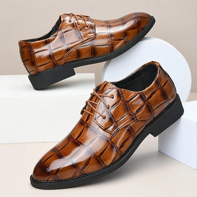 Brown Men's Dress Crocodile-Pattern Leather Shoes