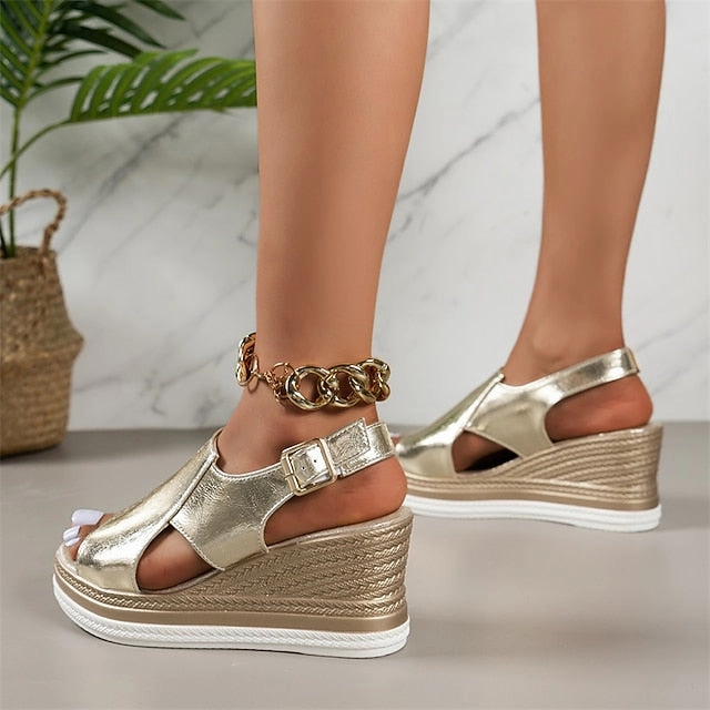 Buckle Wedge Women's Metallic with Sandals Silver Open-Toe