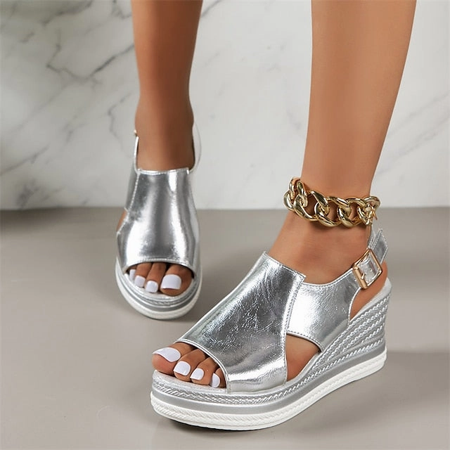 Buckle Wedge Women's Metallic with Sandals Silver Open-Toe Usa Made New Balance