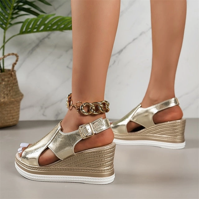 Buckle Wedge Women's Metallic with Sandals Silver Open-Toe