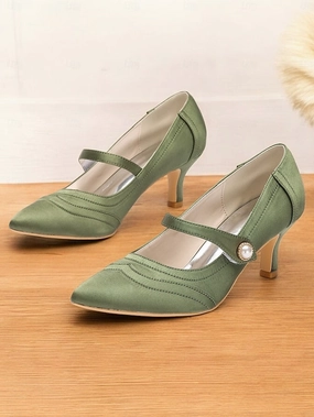 Button Elegant Green Satin Heels - with Pearl Jane Mary New Balance Loro Piana Shoes