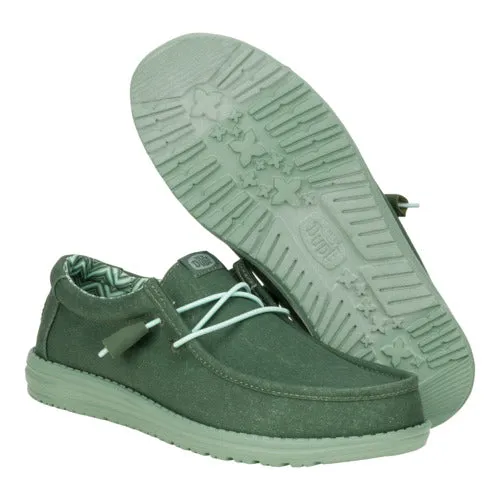 Leather Lace Up Flat Shoes Wally Stretch Canvas - Duck Green/Iceberg Green