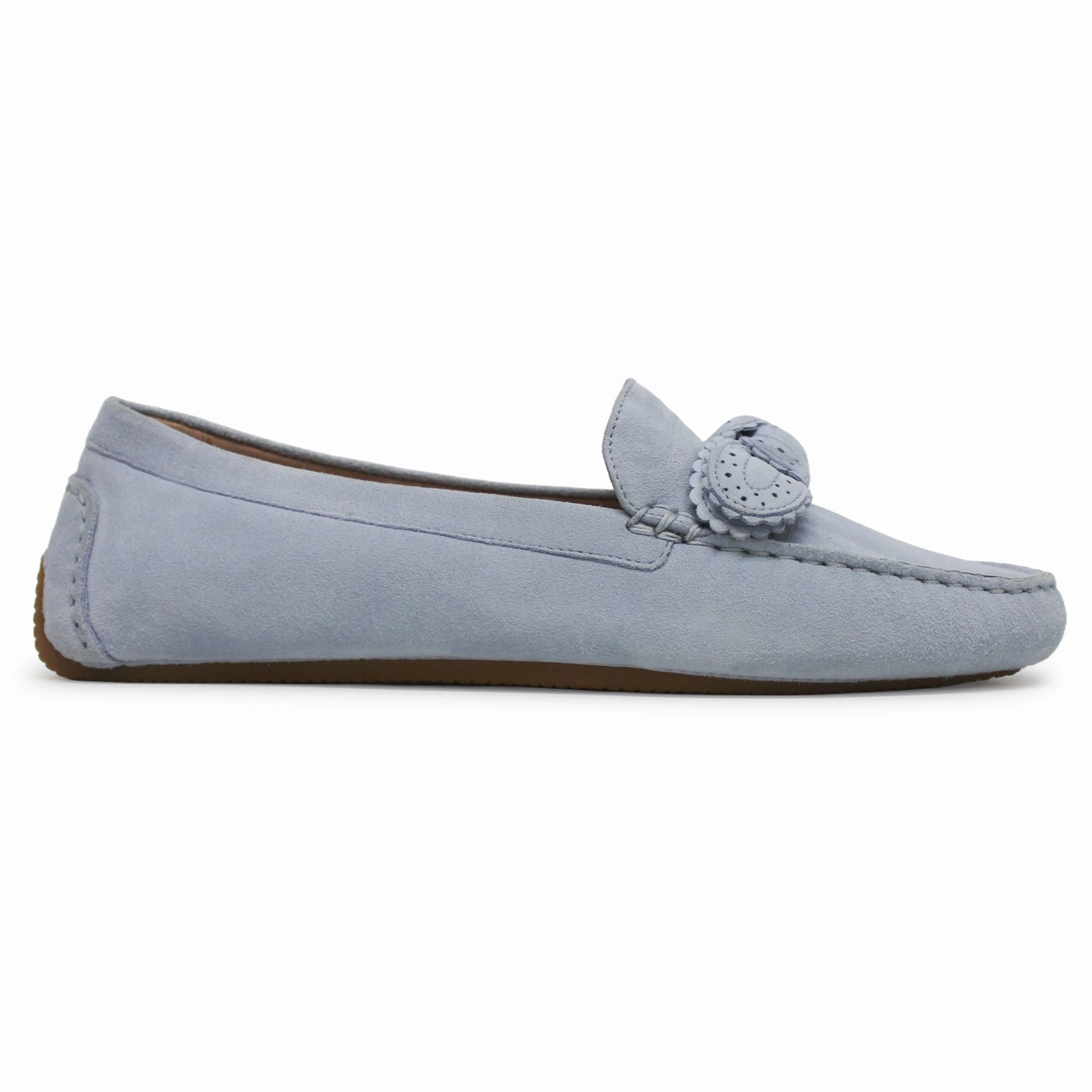 Cole Haan Bellport Bow Driver Suede Women's Boat Heather Blue Shoes Sockless Loafers