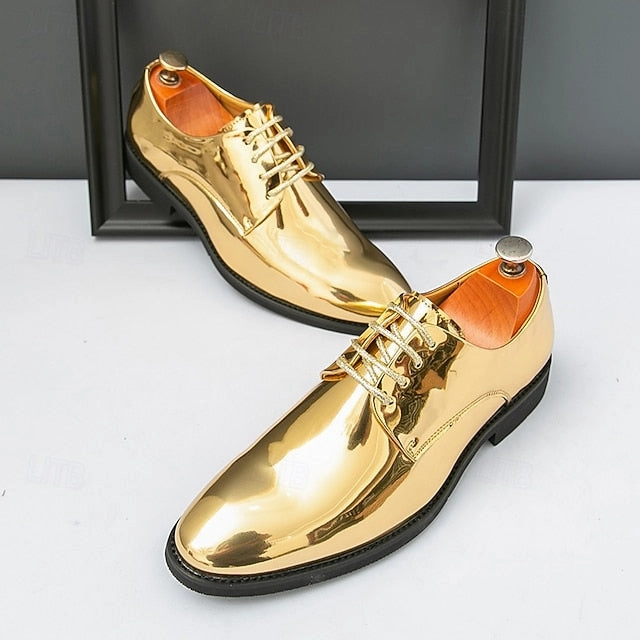 Gold  for Lace-Up Sleek Shoes Leather Men Patent Shiny
