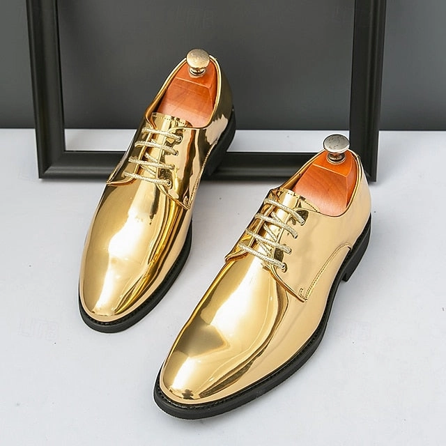 Gold  for Lace-Up Sleek Shoes Leather Men Patent Shiny