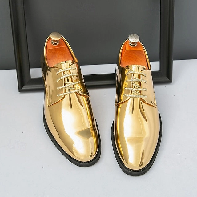Gold  for Lace-Up Sleek Shoes Leather Men Patent Shiny