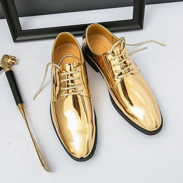 Gold  for Lace-Up Sleek Shoes Leather Men Patent Shiny