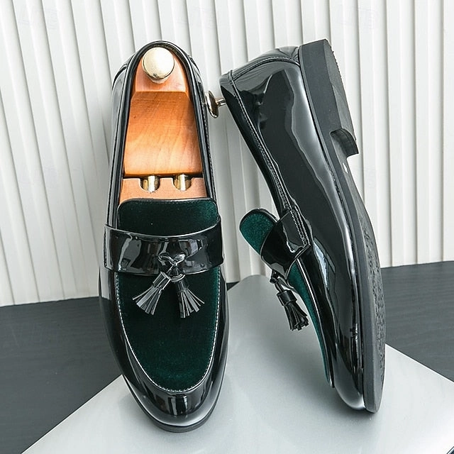 Black Tassel Leather Faux Men's Patent  Loafers Velvet