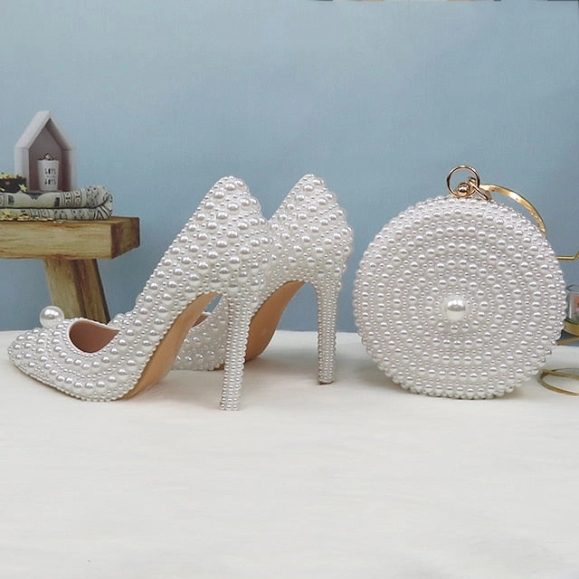 New Balance Factory Store Woodburn Pearl-Embellished Stiletto Purse Heels White and Round Set Pearl