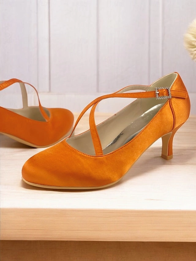 Cross-Strap Buckle Elegant  Satin Rhinestone with Heels White