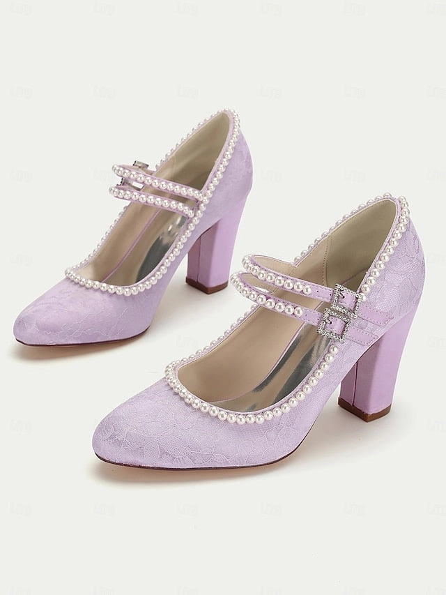 Heels Mary Jane Purple Pearl Lace - Women's Embellished