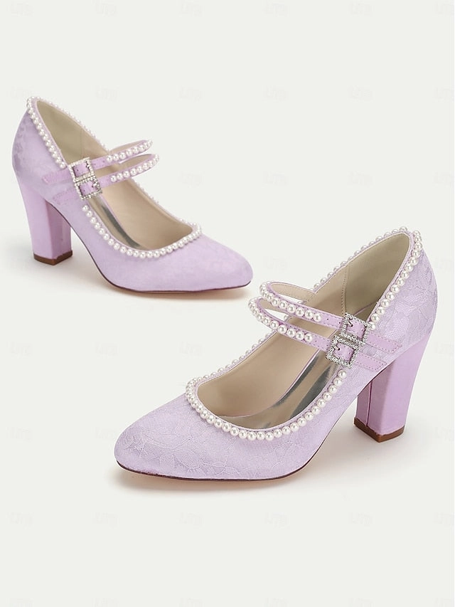 Heels Mary Jane Purple Pearl Lace - Women's Embellished