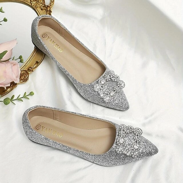 Glitter Silver Embellished Rhinestone Flats Women's with
