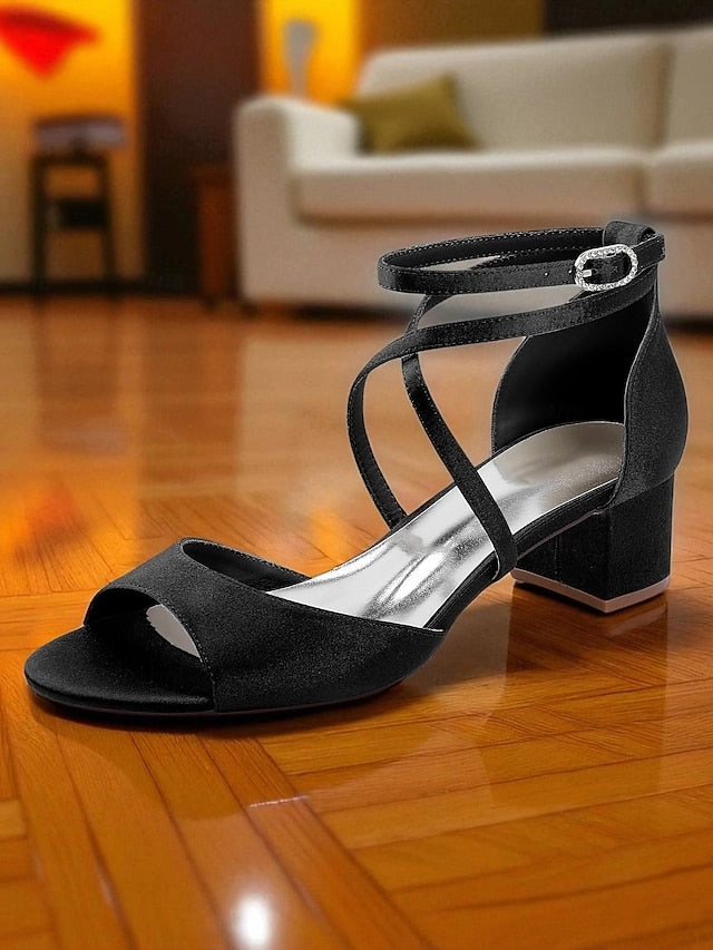 Strap Elegant Block - Satin Sandals with Ankle Women's Heel