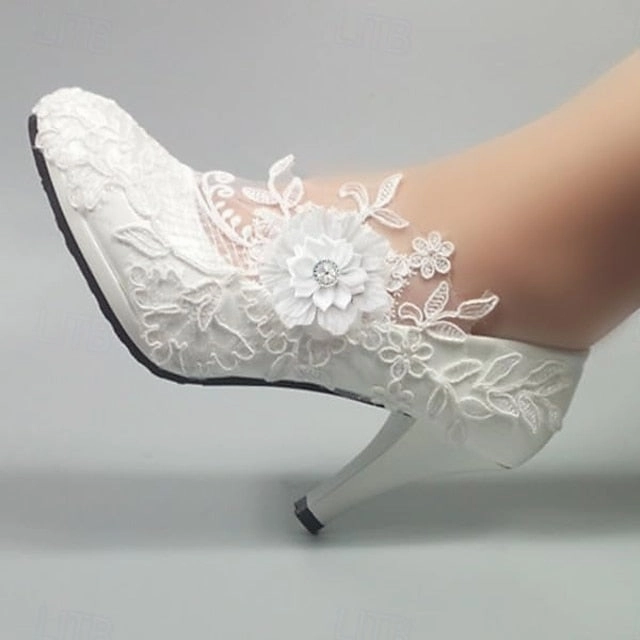 Elegant Bridal Women's White Wedding Floral Lace Heels 