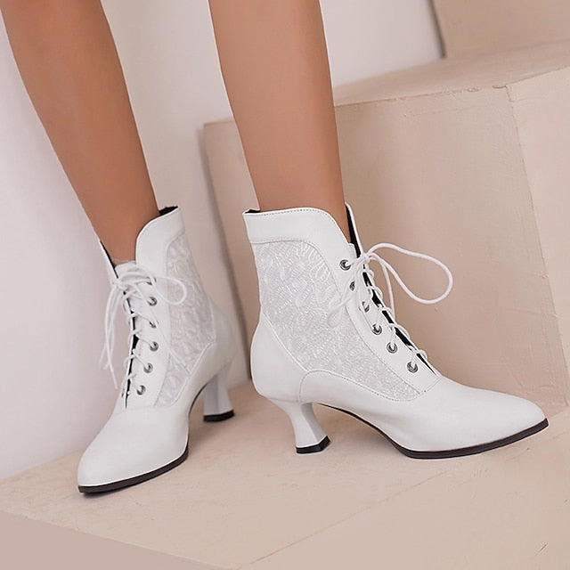 Embroidered with Women's Panels Lace-Up Ankle Boots White
