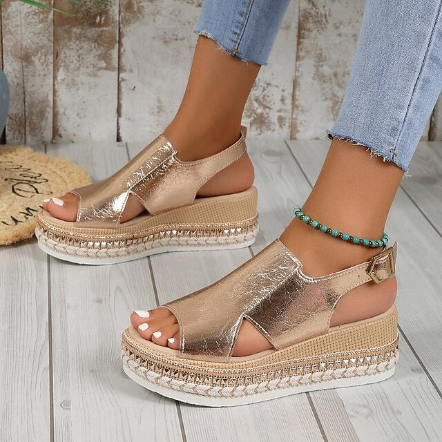 B Faux Gold Platform Espadrille Leather Women's Metallic