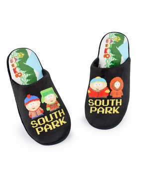 Velvet Chinese Slippers South Park Pixel Scene Mens Black Mule Slippers