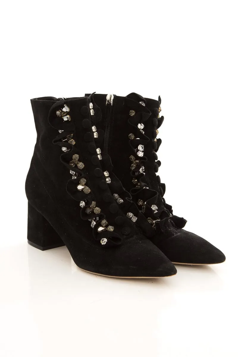 Riding Boots Leather Gedebe Black & Crystal Ruffle Detail Boots SZ 39