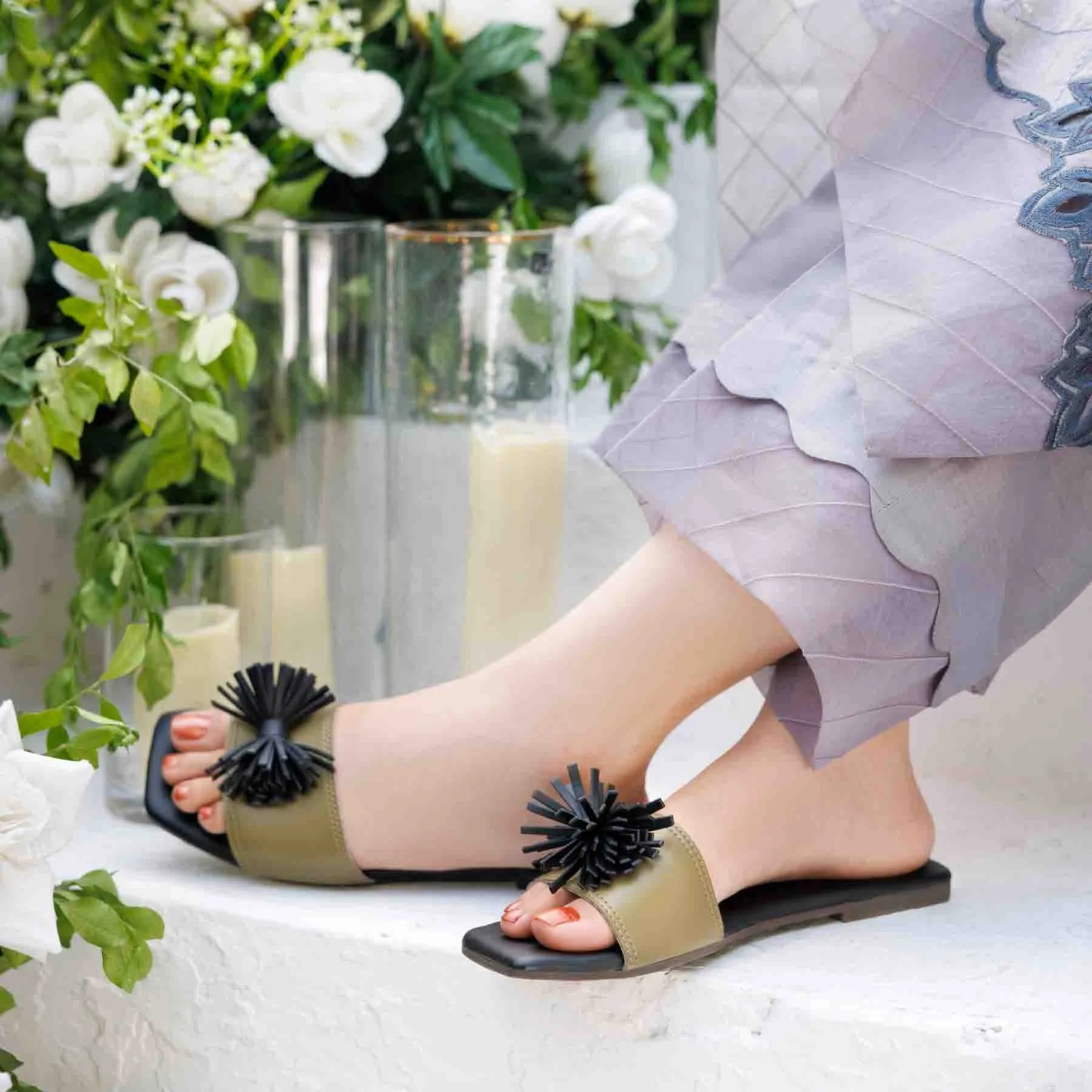 Green Casual Slipper For Ladies CL2064 Granny Square Slippers