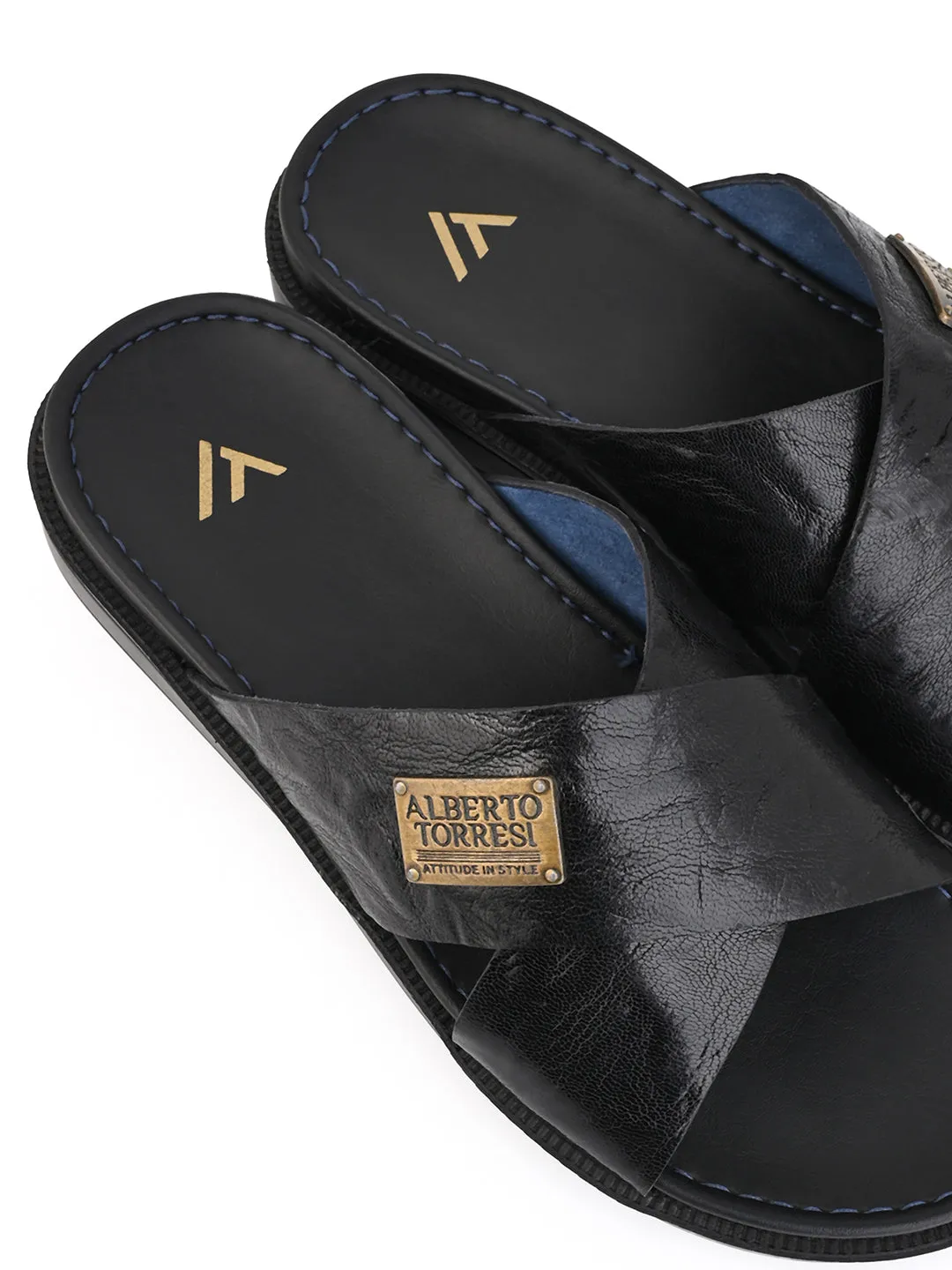 Alberto Torresi Barleta Black Leather Men Slippers Tik Tok Slippers