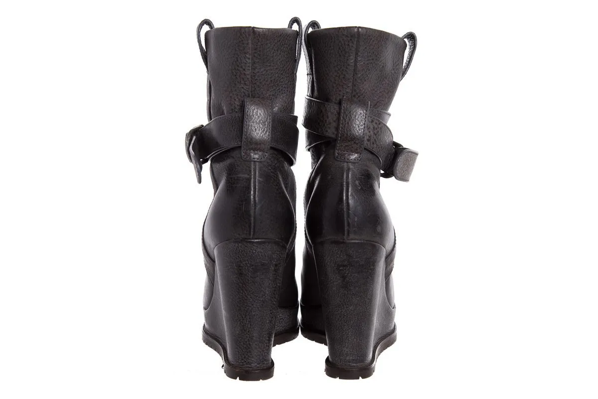 Fur Boots For Winter Brunello Cucinelli Grey Leather Platform Wedge Boots SZ 39