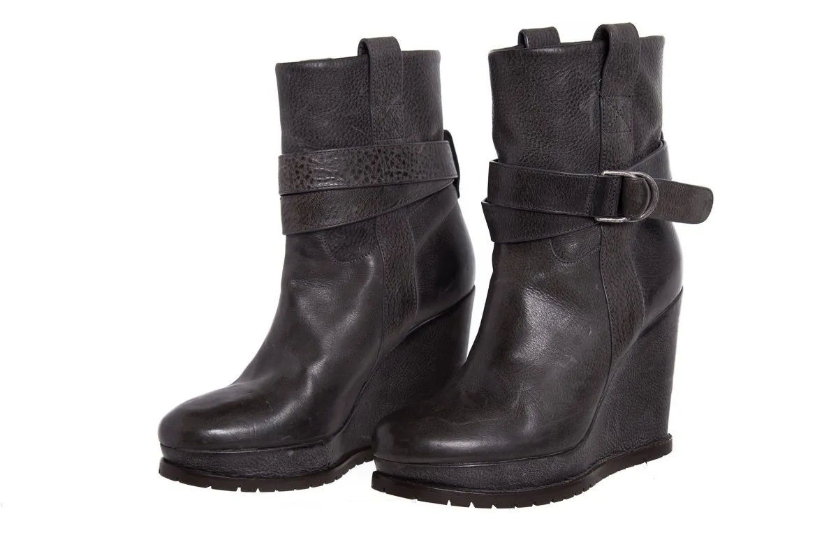 Brunello Cucinelli Grey Leather Platform Wedge Boots SZ 39 Arait Boots