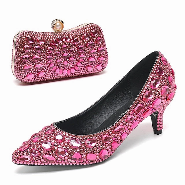 Matching Women's Heel Kitten Crystal-Embellished Shoes and