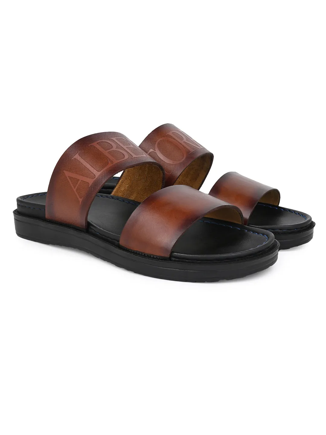 Alberto Torresi PVC Printed Branding Textured Tan Leather Men Slippers Winter House Slippers