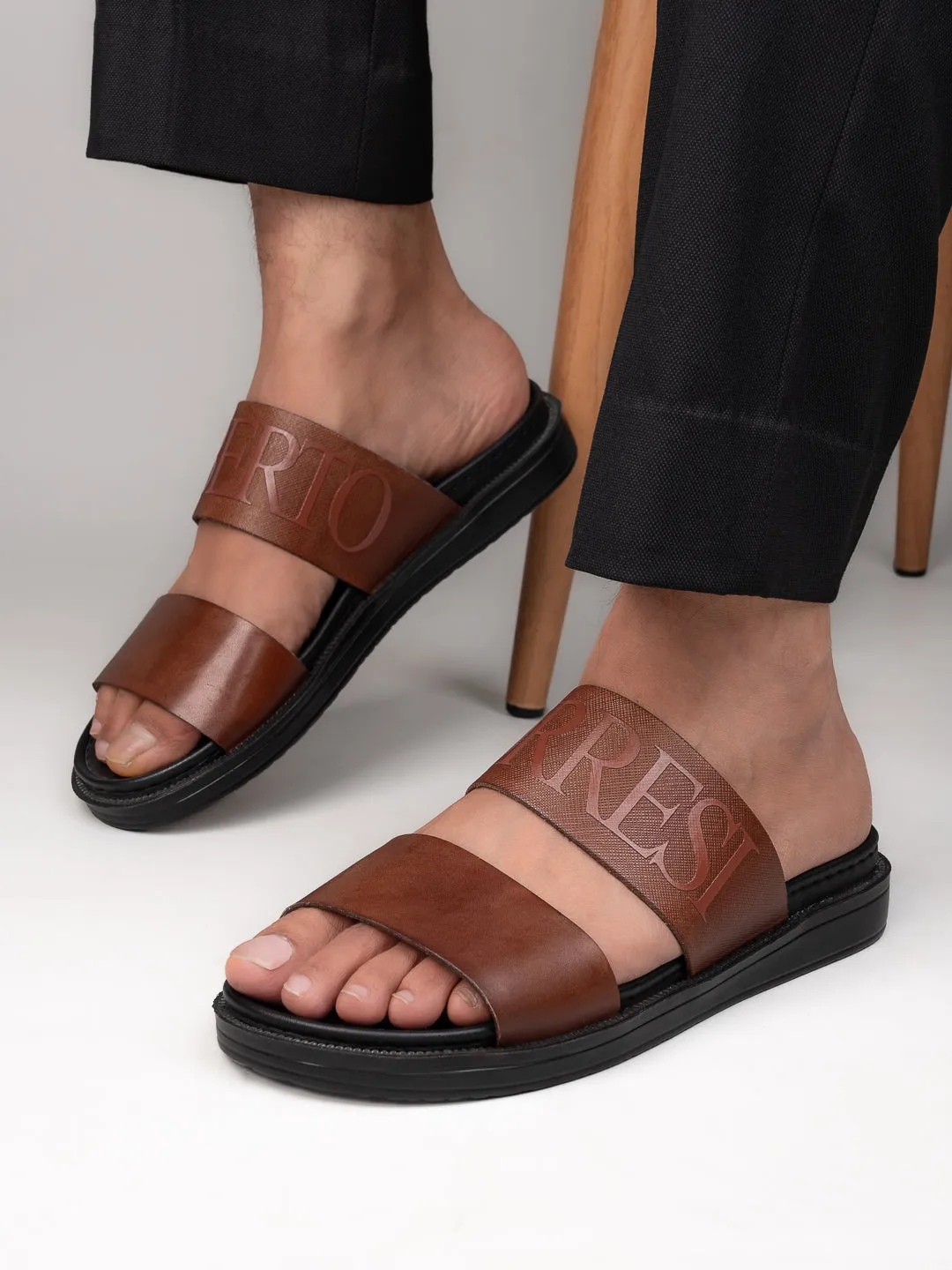 Type Slippers Alberto Torresi PVC Printed Branding Textured Tan Leather Men Slippers