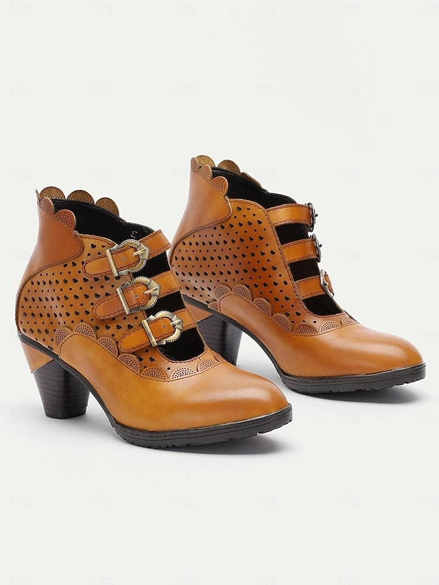 Ankle Boots With Heel Boots Vintage Brown Strap Buckle Women's - Ankle Perforated