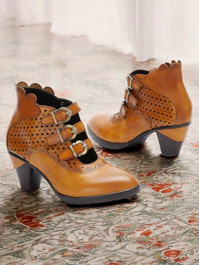 Boots Vintage Brown Strap Buckle Women's - Ankle Perforated Boots Are Made For Walking