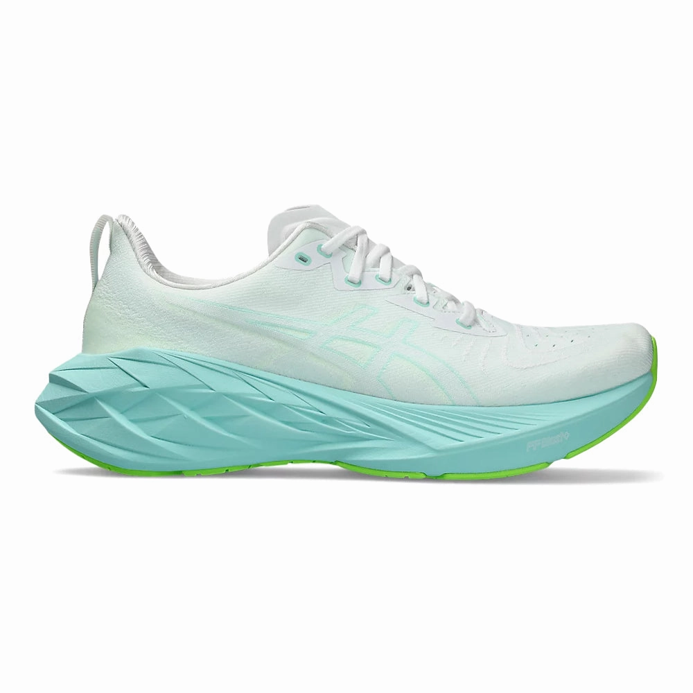Men's Asics Novablast 4, White/Illuminate Mint, 11.5 D Medium Asics Beginners Running Shoes