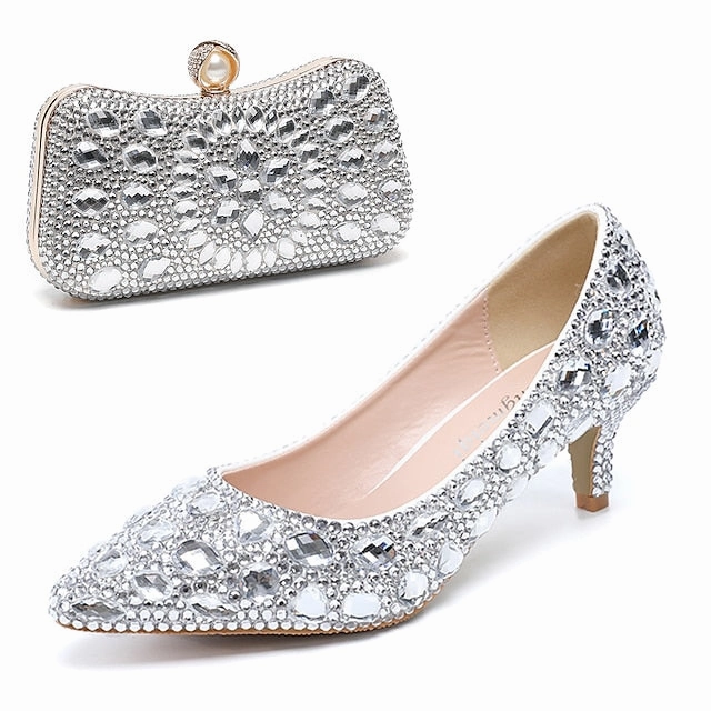 Women's Matching Heel Kitten Shoes Crystal-Embellished and